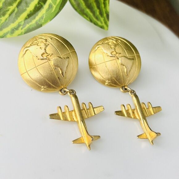 RARE JJ Jonette World Globe Airplane Earrings Dangle Brushed Satin Gold Ton 4129 - Picture 2 of 8